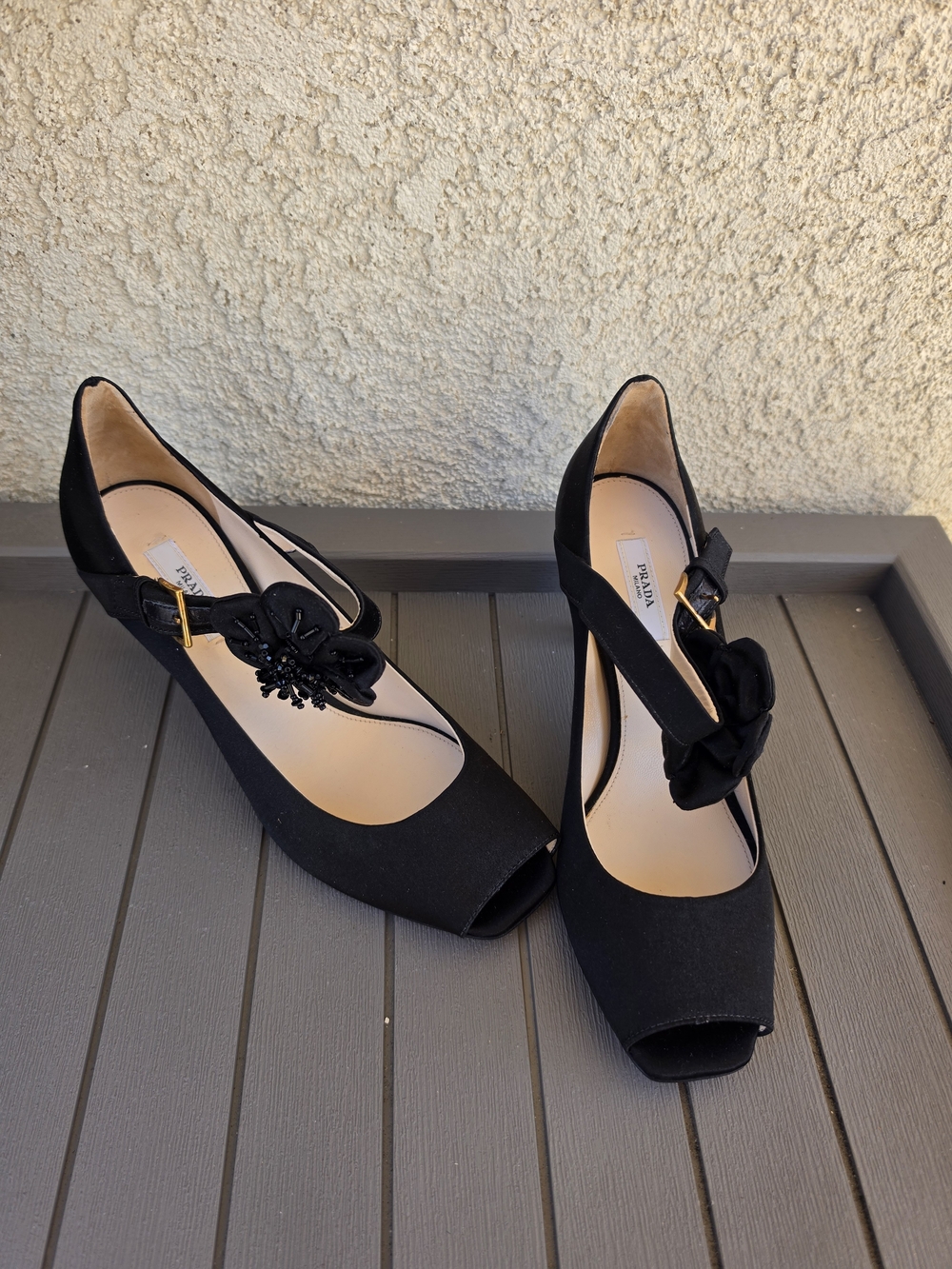 Authentic Prada Black Satin Beaded Flower Ankle Strap Heels / Pumps – Size 37